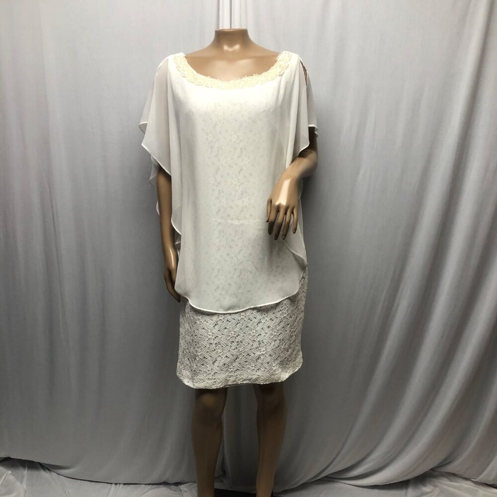 SD Collection Ivory Chiffon Overlay Lace Dress Womens Sz 12 Faux Pearl Neckline